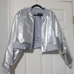 Eloquii Croc-Embossed Metallic Silver Bomber Jacket